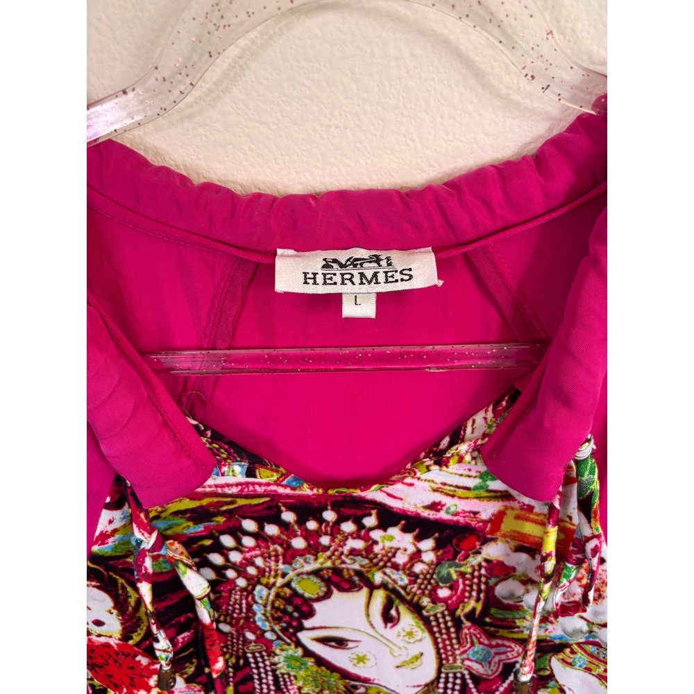 Vintage Hermes Pink 100% Silk Graphic Print Geisha Scarf Front Blouse Top Large - Picture 2 of 7